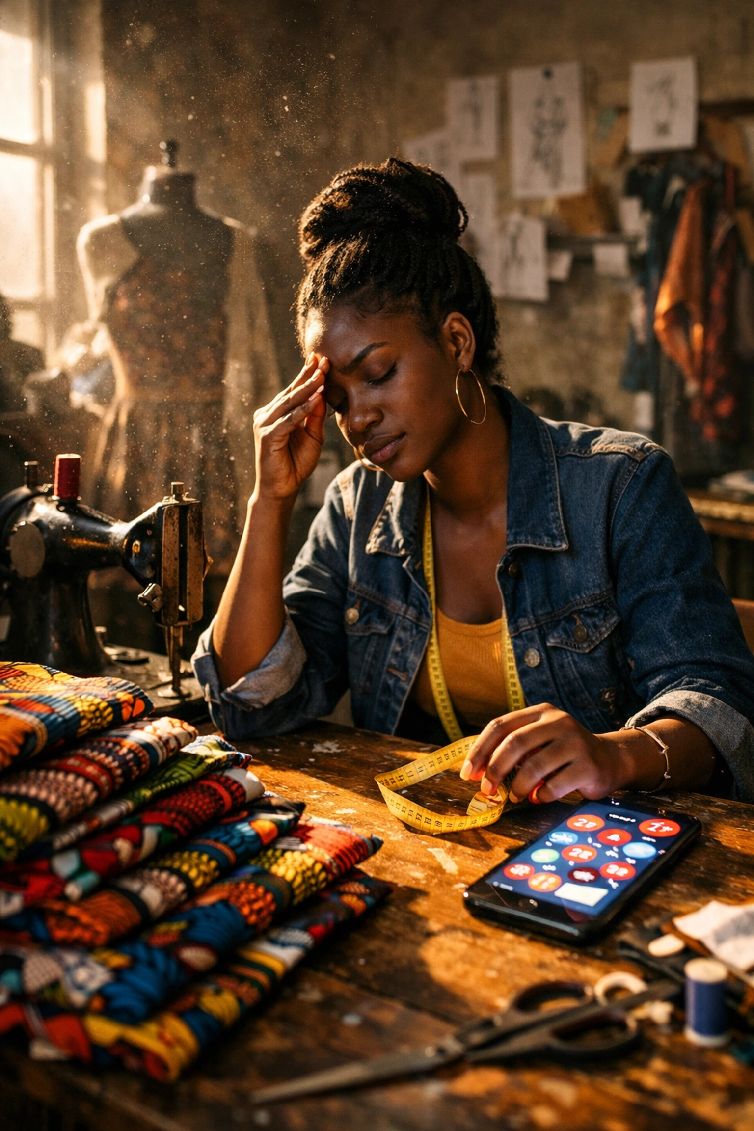 An African designer in a cluttered studio facing the everything trap, needing a creative business accelerator.