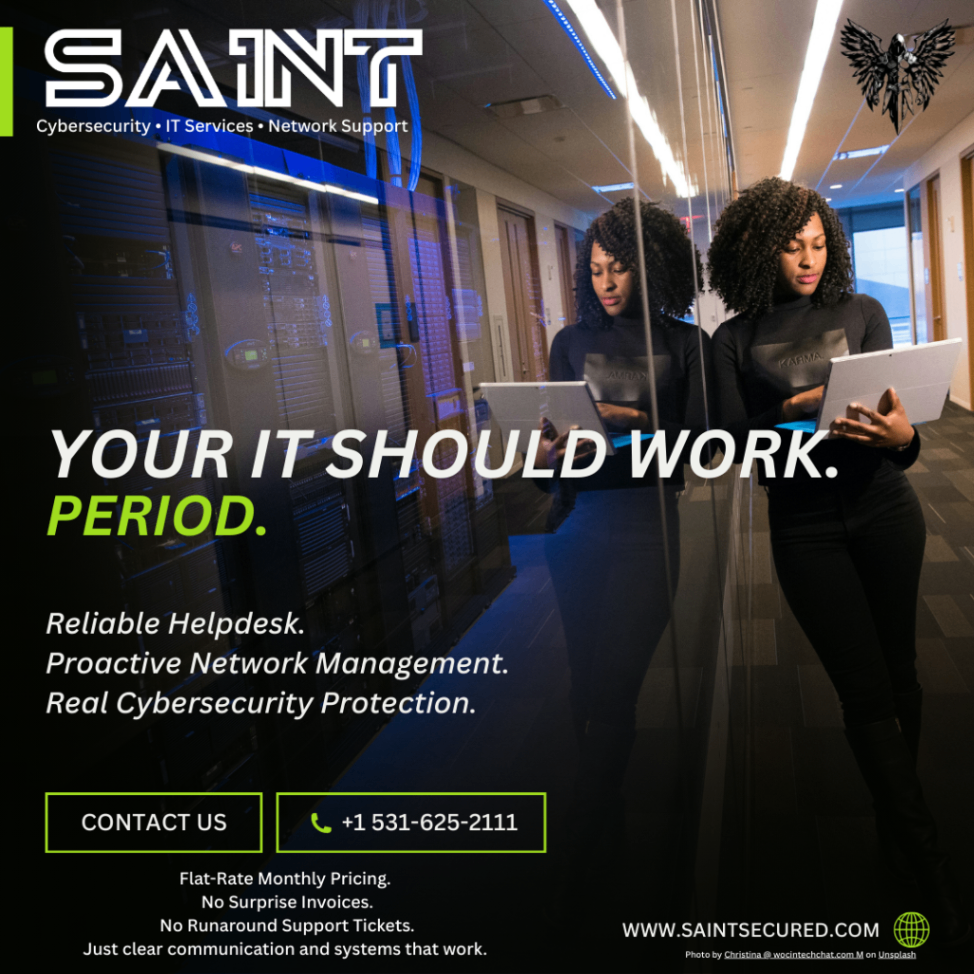 Professional in Secure Server Room with SAINT Branding