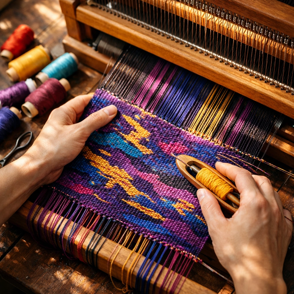 Hands weaving rainbow textile on loom representing queer artistic storytelling and craft