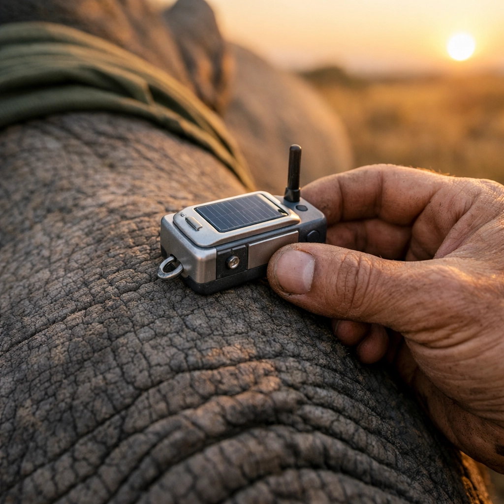 A conservationist placing a GPS tracking tag on a rhinoceros skin to collect habitat data.