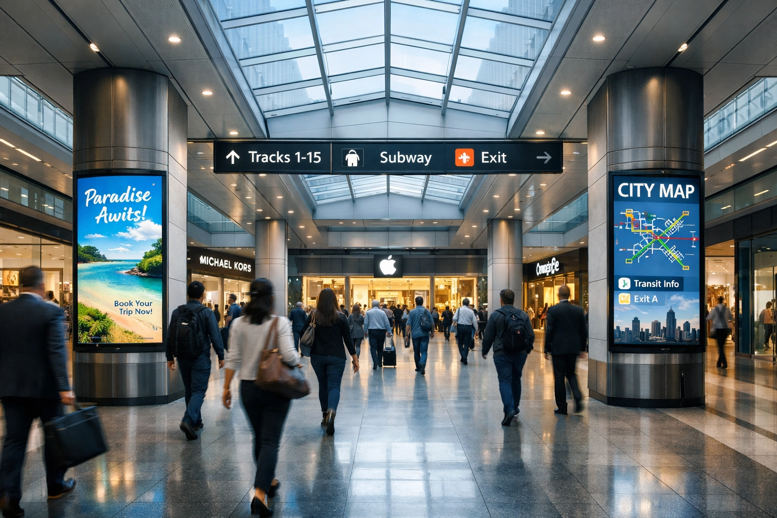 High-traffic transit hub featuring digital out-of-home screens that track and drive retail foot traffic.