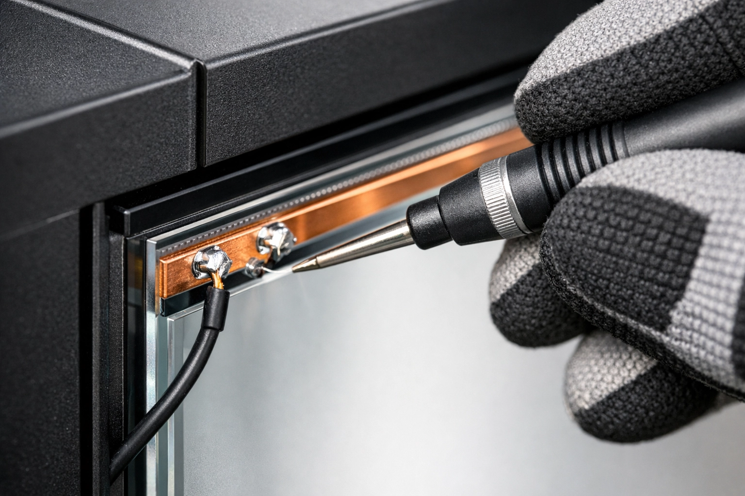 Professional technician testing a smart glass electrical connection and busbar for repair.