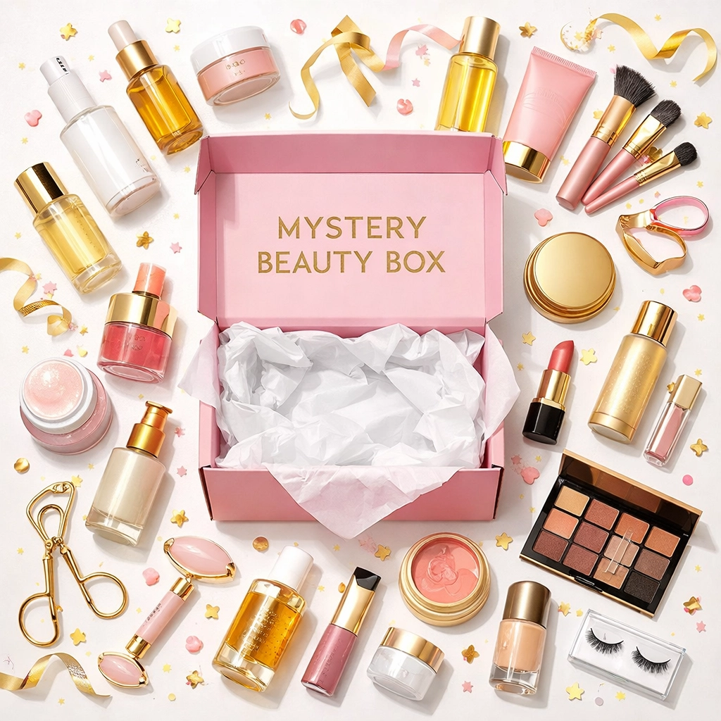 Unpacked beauty mystery box displaying skincare, makeup and haircare products
