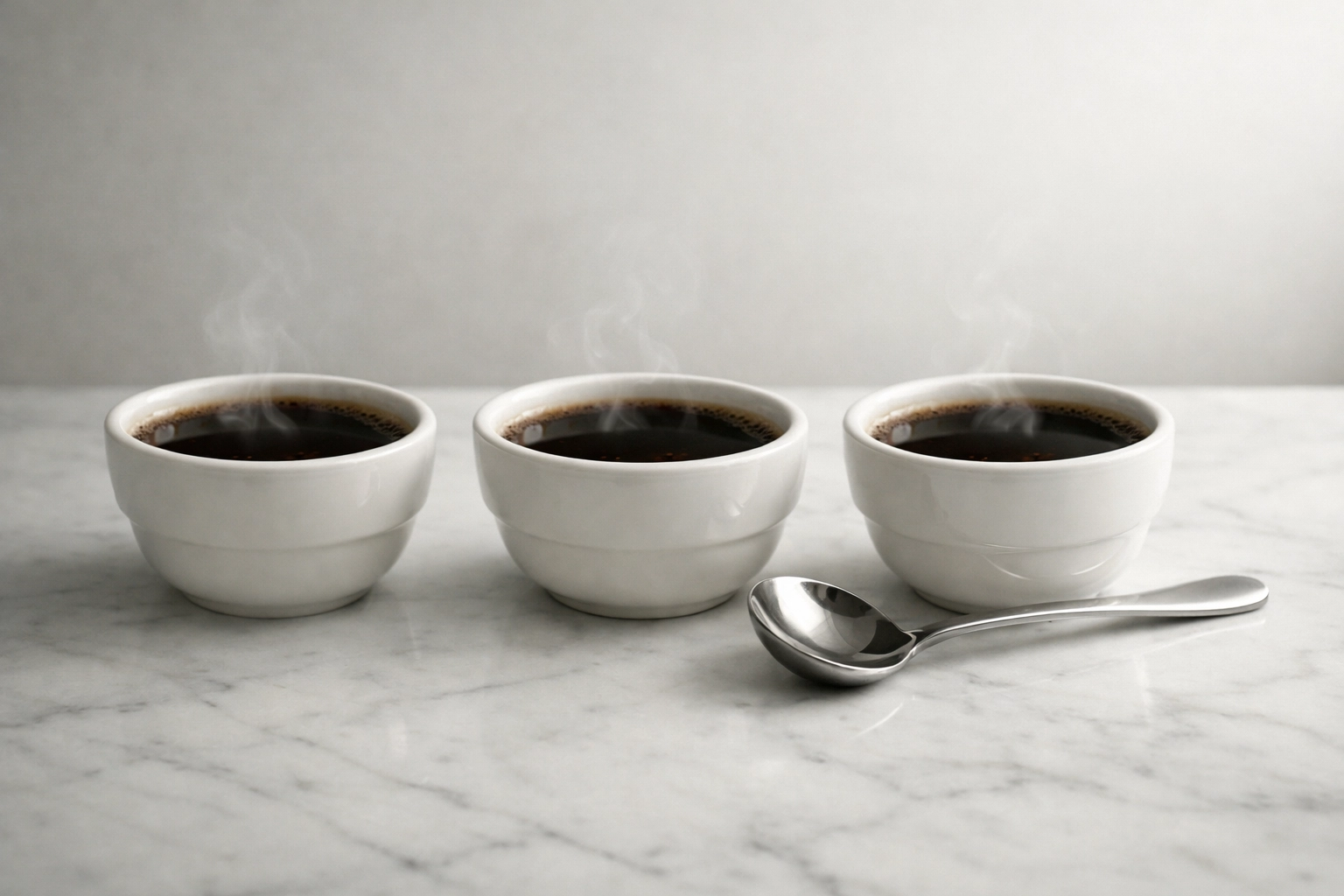 Three white ceramic coffee cupping bowls and a silver spoon ready for a professional tasting at home.