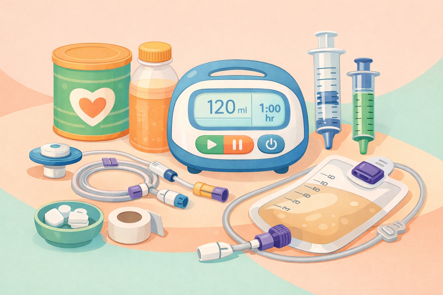 Pediatric feeding tube supplies including G-tube and medical equipment for home care