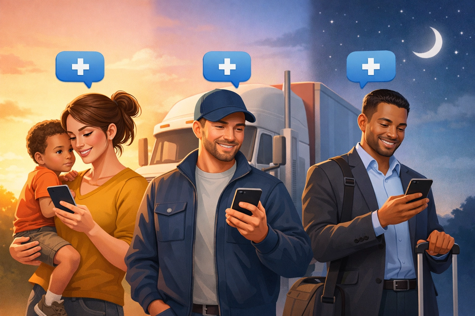 Diverse patients using smartphones to chat with doctors 24/7 for online medical care