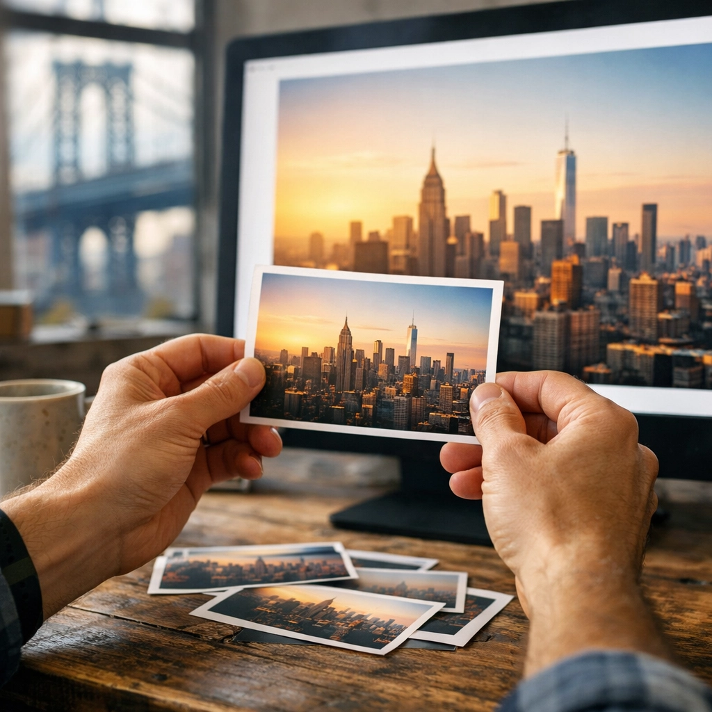 Photographer in Brooklyn inspecting a small test print of New York City for museum quality accuracy.