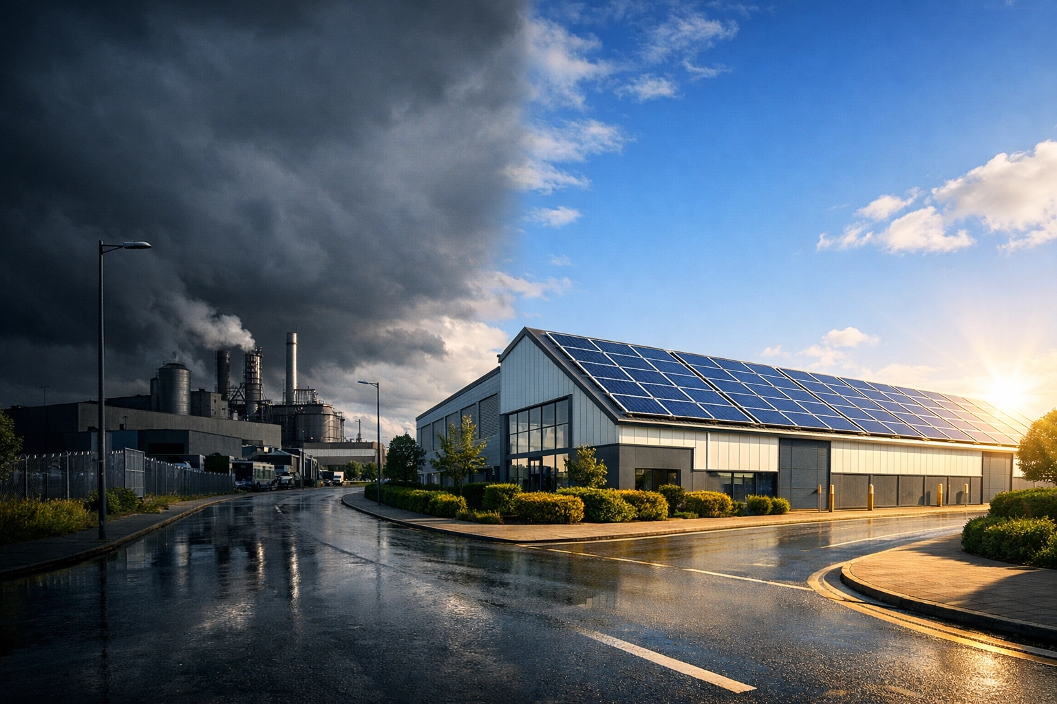 Industrial warehouse with commercial solar panels providing energy price stability against a stormy sky.