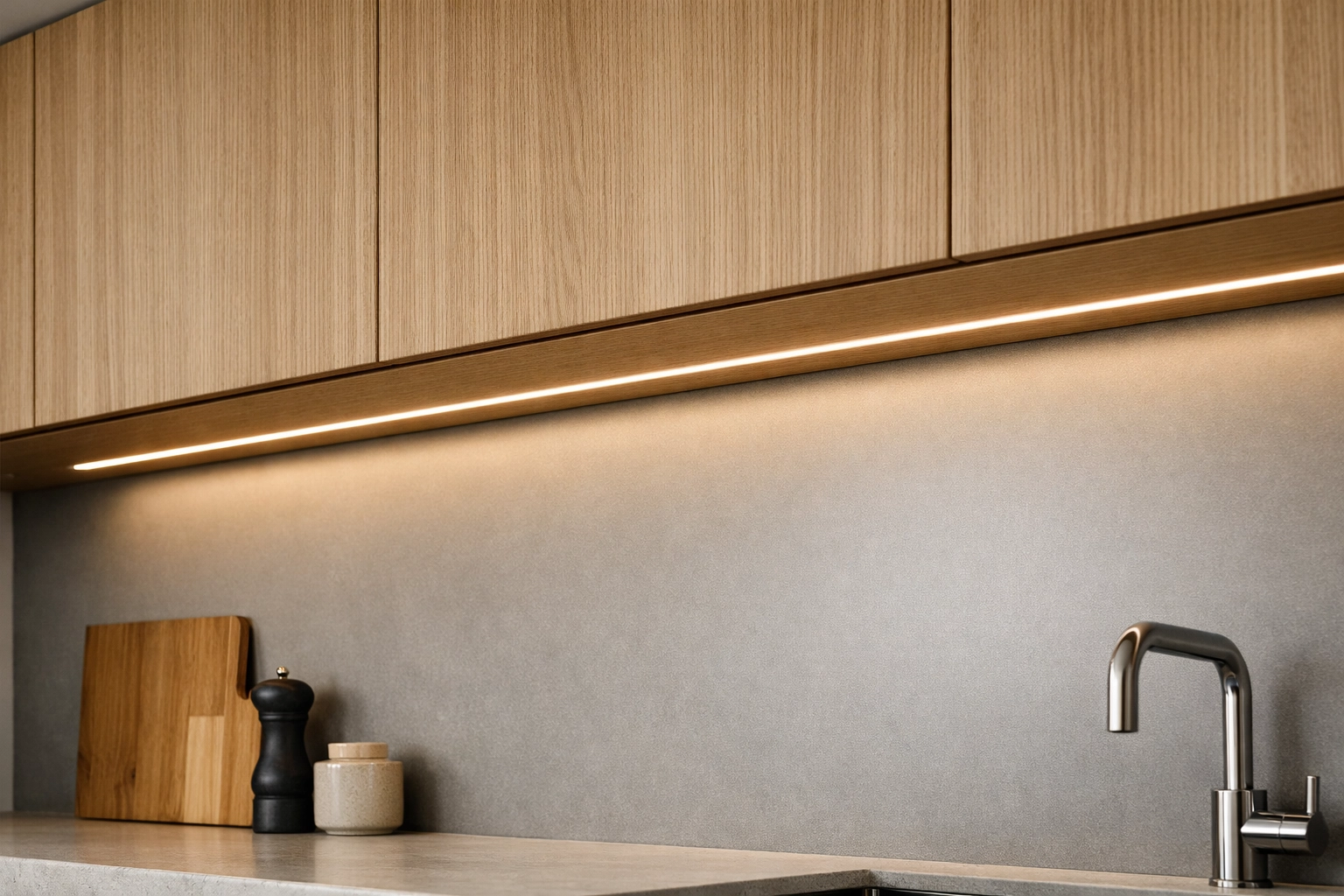 Under-cabinet LED channel installation in a modern kitchen showing flawless light diffusion.