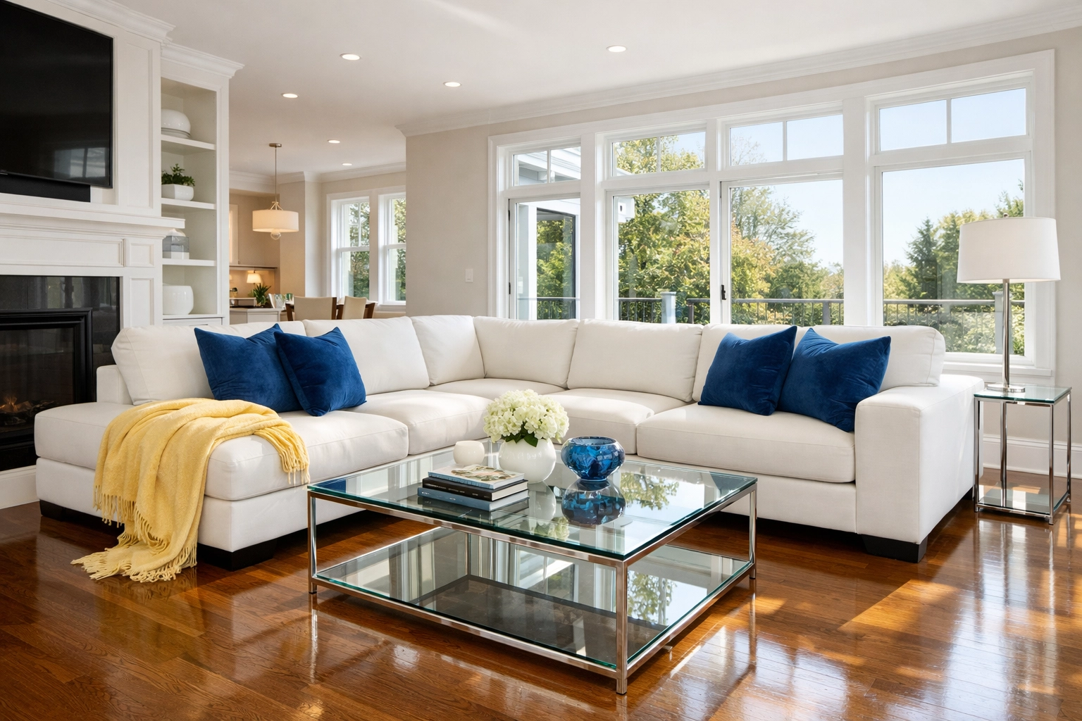 A spotless modern living room in Massachusetts showing the results of a professional deep cleaning checklist.