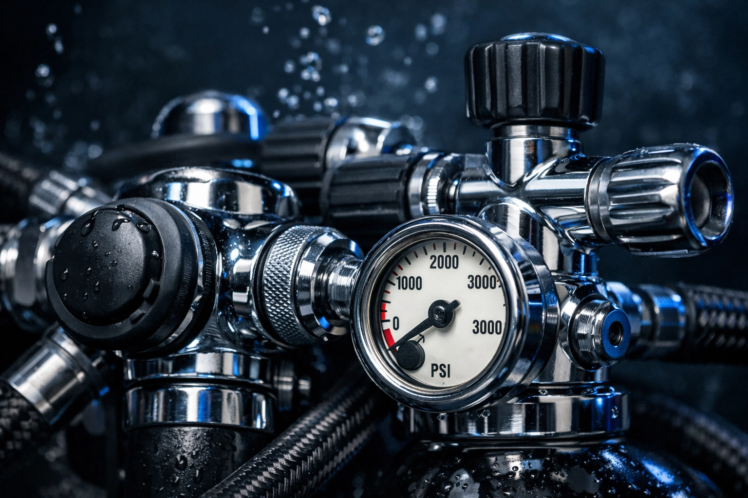 Nahaufnahme von verchromten Atemreglern und Ventilen für professionelles Tauchequipment.