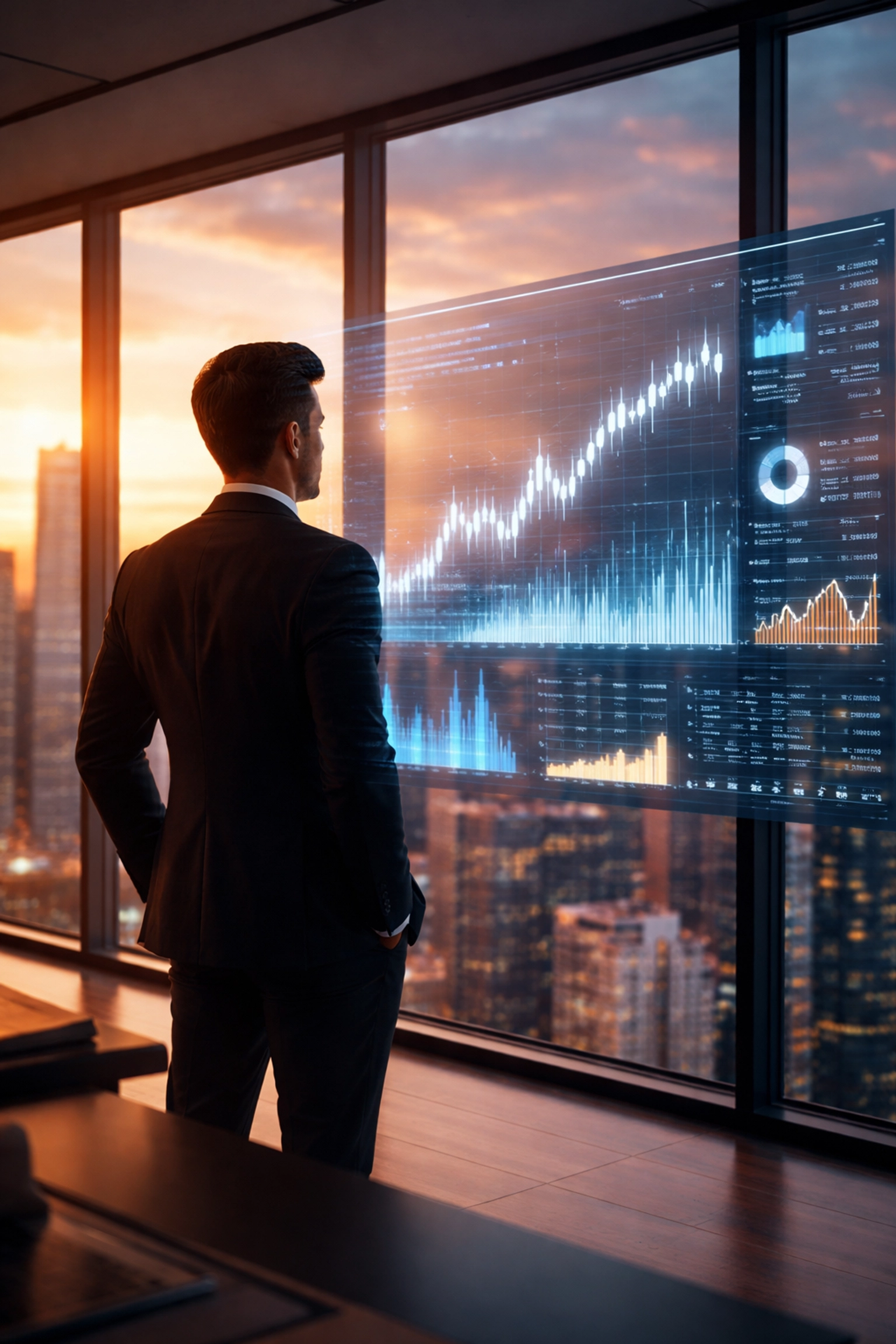 Investor reviewing financial data with city skyline, representing due diligence in private equity selection.