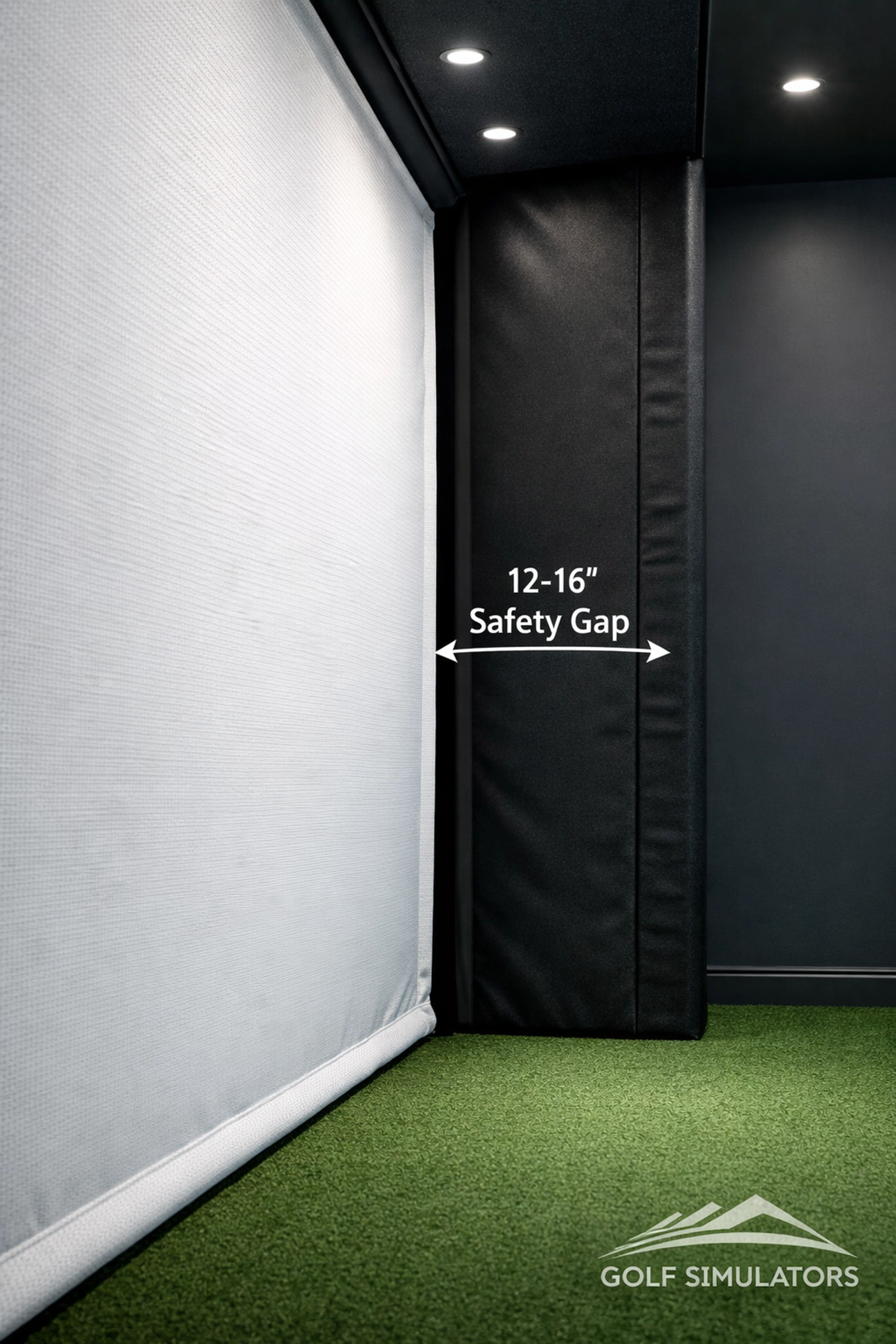 Proper 12-16 inch spacing behind a golf simulator impact screen in a modern indoor golf enclosure setup.