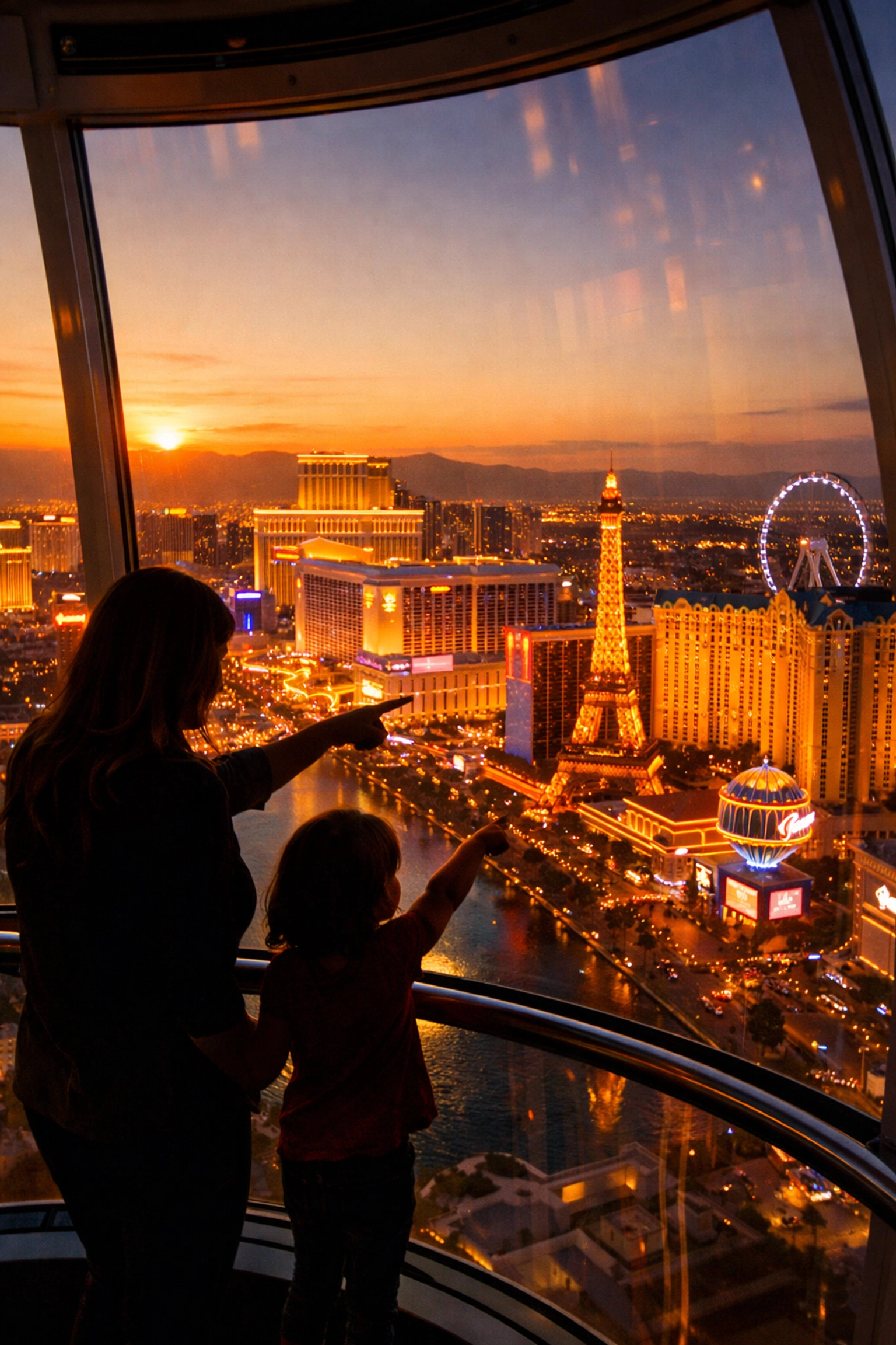 Family enjoying panoramic Las Vegas Strip views from an observation wheel pod at sunset.