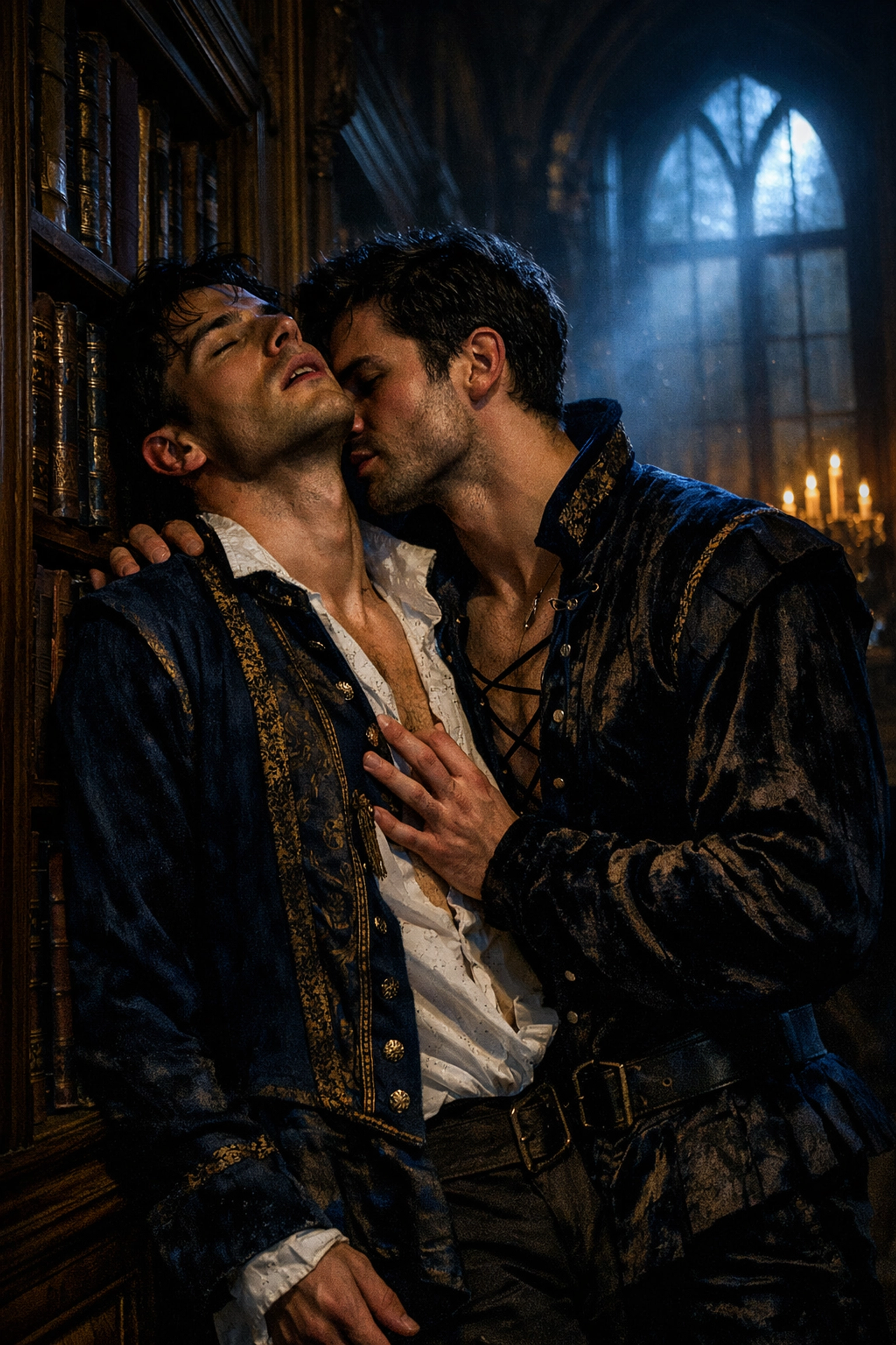 A steamy and intimate moment between two men in a historic royal library, a staple of spicy MM romance.