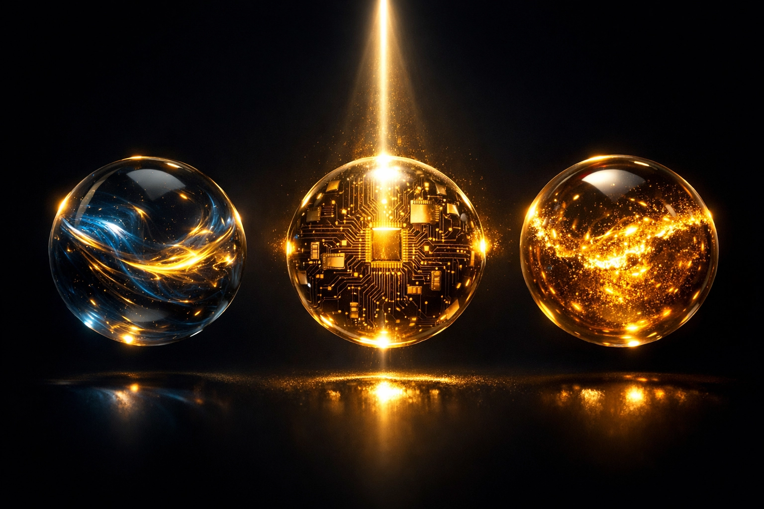 Abstract golden spheres representing high-speed alerts for Forex, Crypto, and Gold trading.
