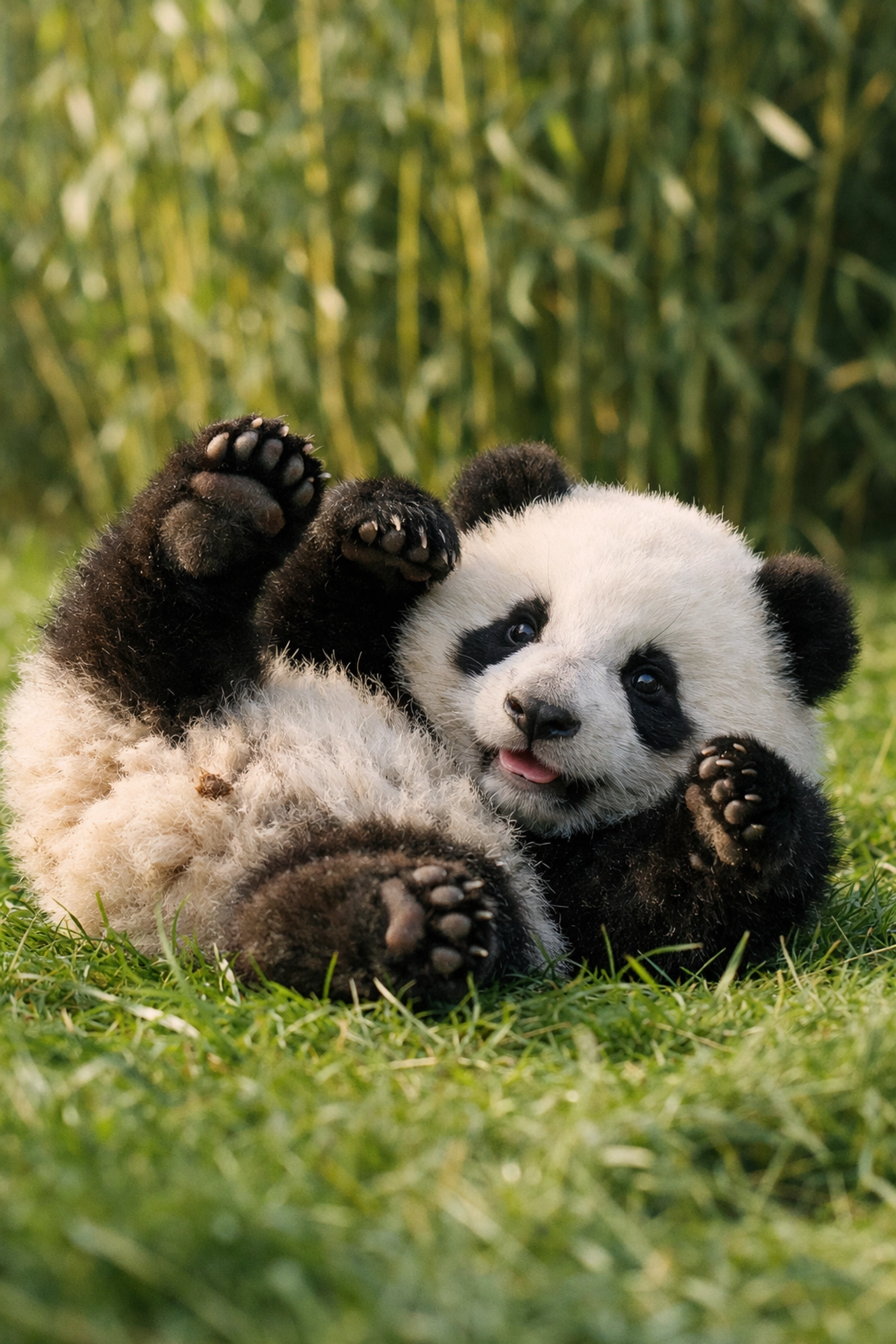 A playful giant panda cub on green grass, symbolizing hope through international wildlife conservation efforts.