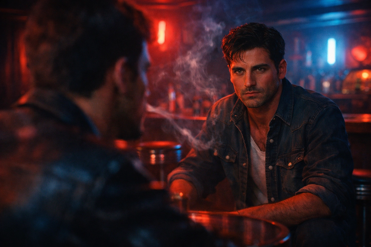 Two men making eye contact across a 1970s gay cruising bar with neon lighting, showing unspoken codes