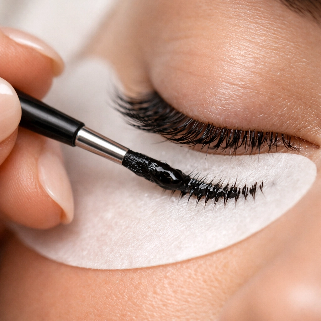 Professional lash technician applying tint to lower lashes with applicator brush