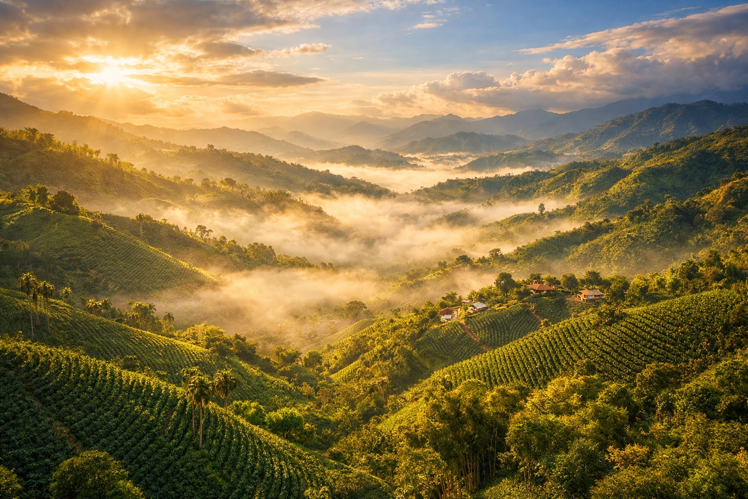 Colombian coffee plantations in the Andes mountains with morning mist and rolling green hills