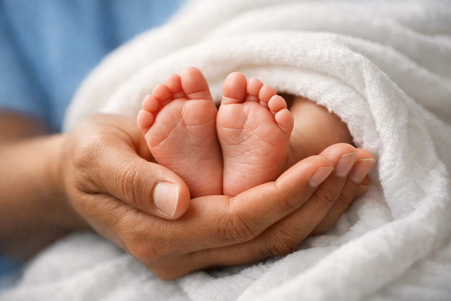 Healthcare worker cradling an infant's feet, representing medical missions and divine healing.