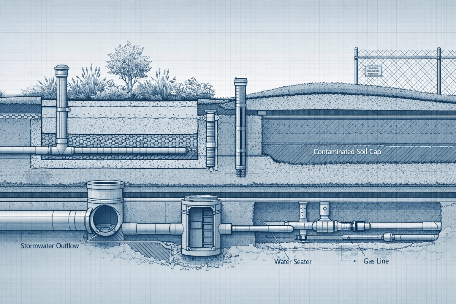 Blueprint-style engineering section showing coordination between stormwater design, utility infrastructure, and remediation elements on an NJ redevelopment site.
