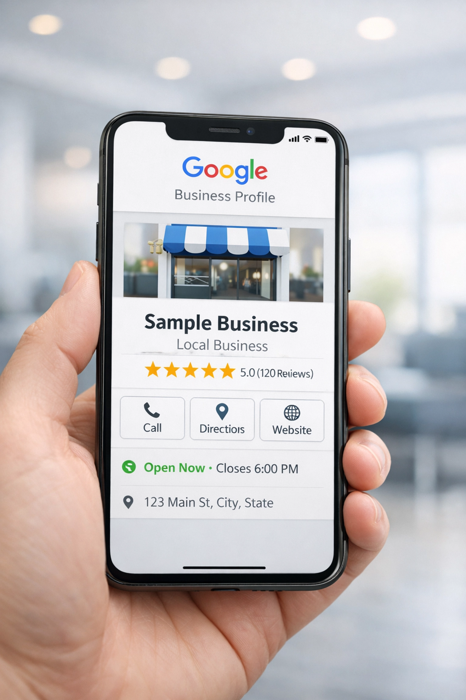 Google Business Profile on smartphone showing five-star rating for local business optimization