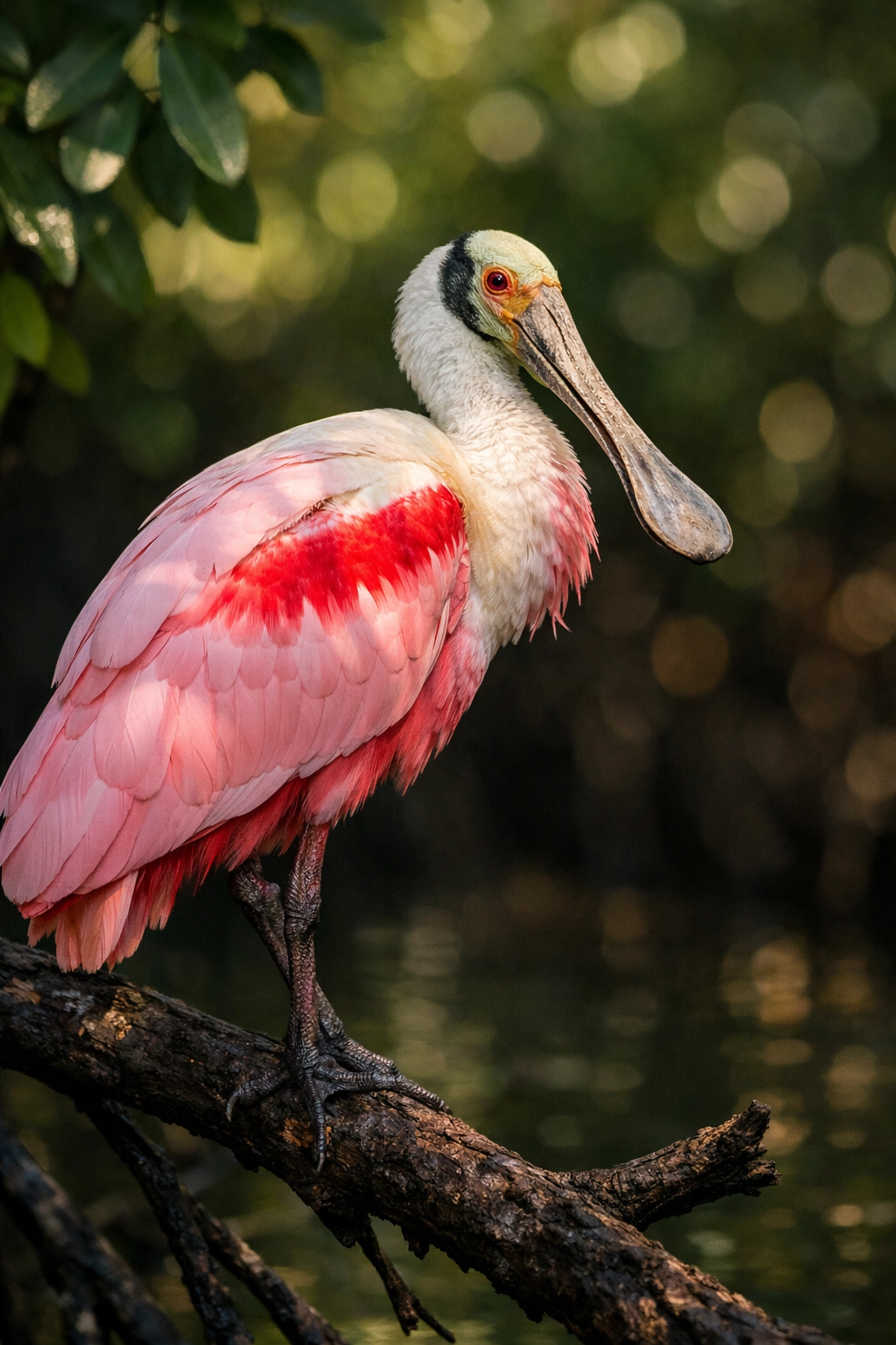 A Roseate Spoonbill perched on a mangrove branch, a highlight of Everglades wildlife photography.