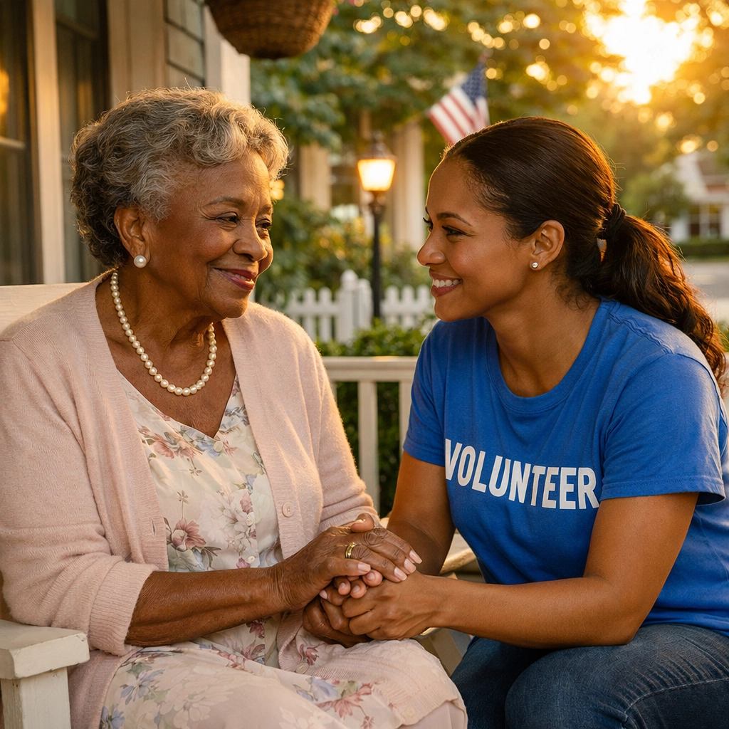 An elderly woman receiving community support on her porch in South Jersey.