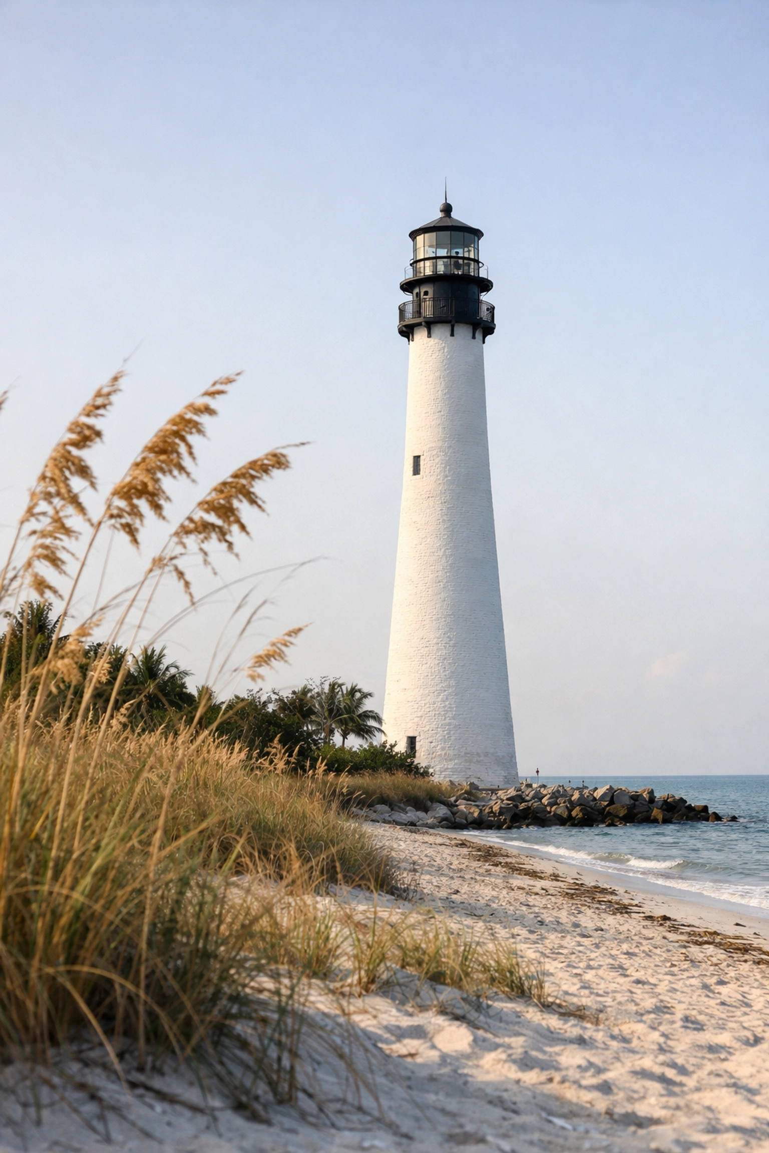 The historic Cape Florida Lighthouse at sunrise, a top miami photography location on Key Biscayne.