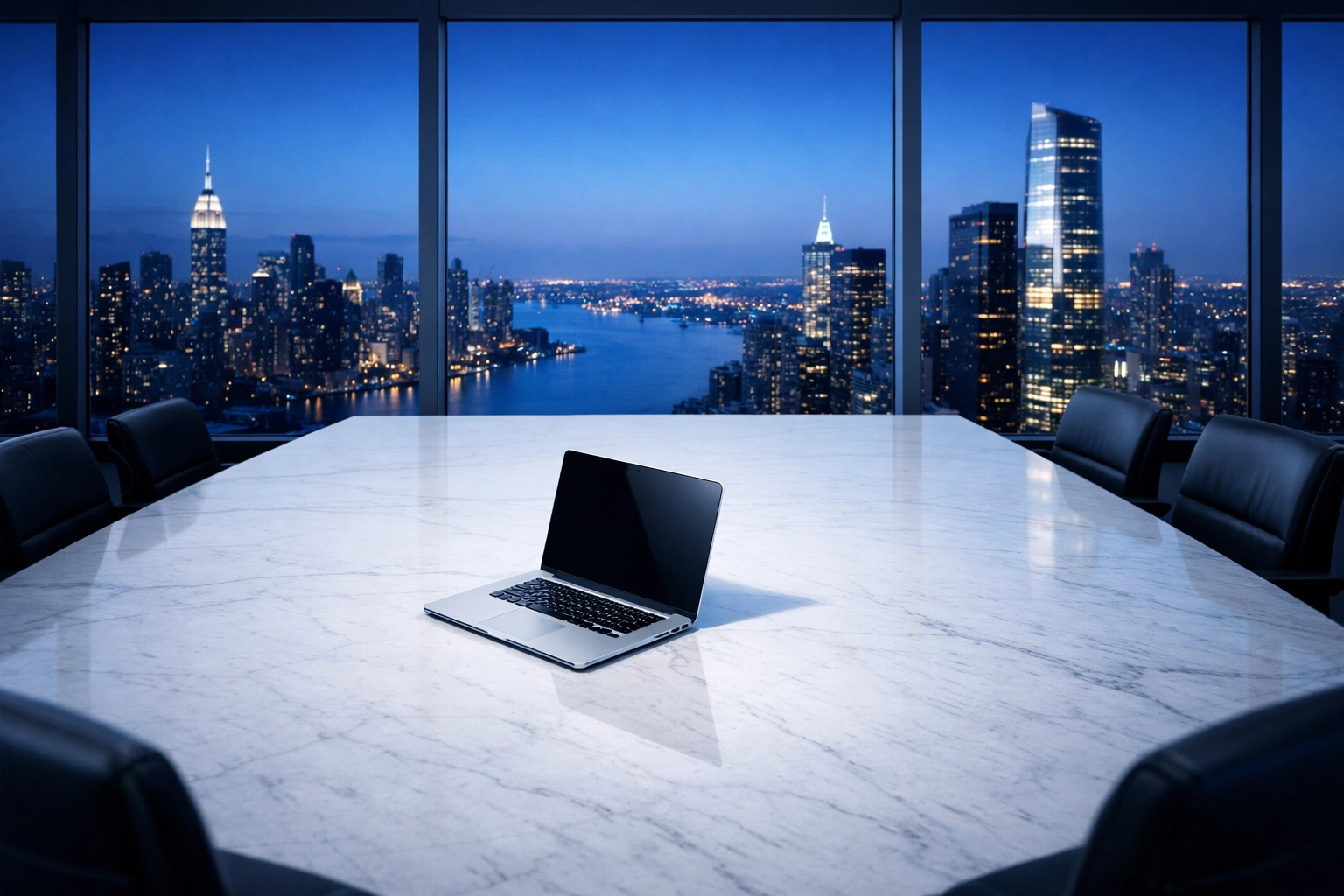 Modern executive boardroom with laptop symbolizing shift to AI search visibility.