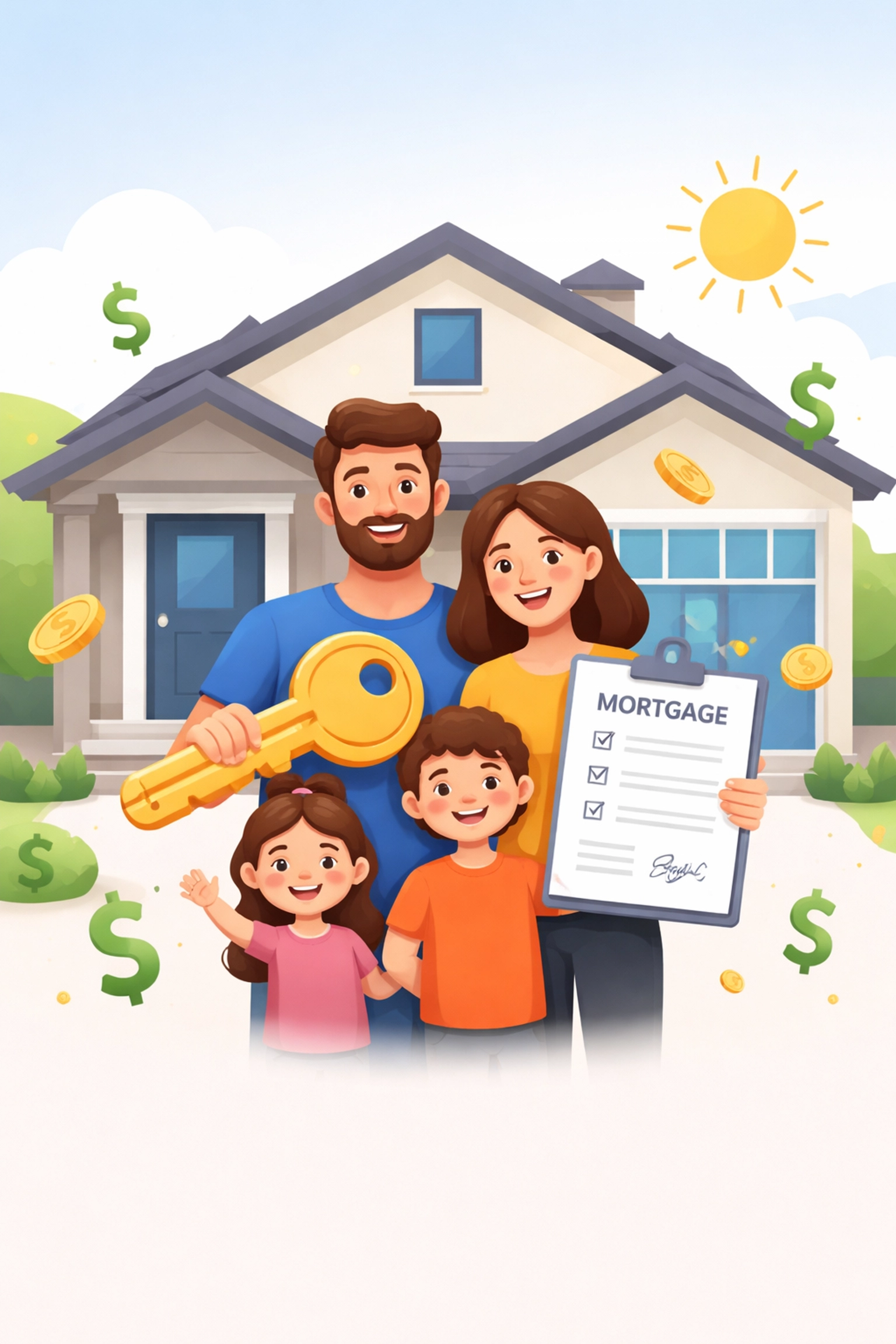 Happy family holding key and mortgage documents in front of their home, representing New Haven homeowner tax deductions and mortgage interest savings.