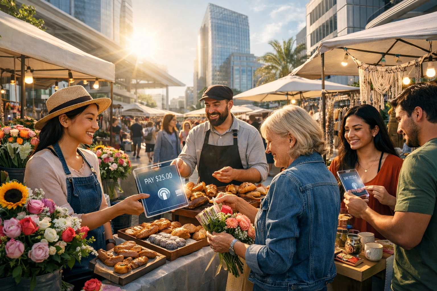 Small business owners using a Web3 crypto POS system for efficient global payments.