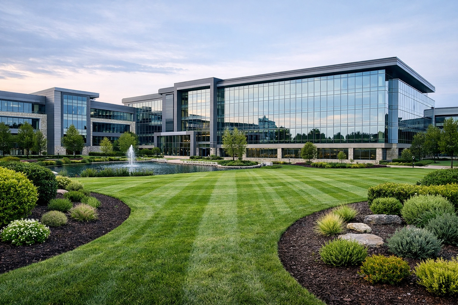 Perfect commercial landscaping at an NC corporate campus highlighting high-value service contracts.