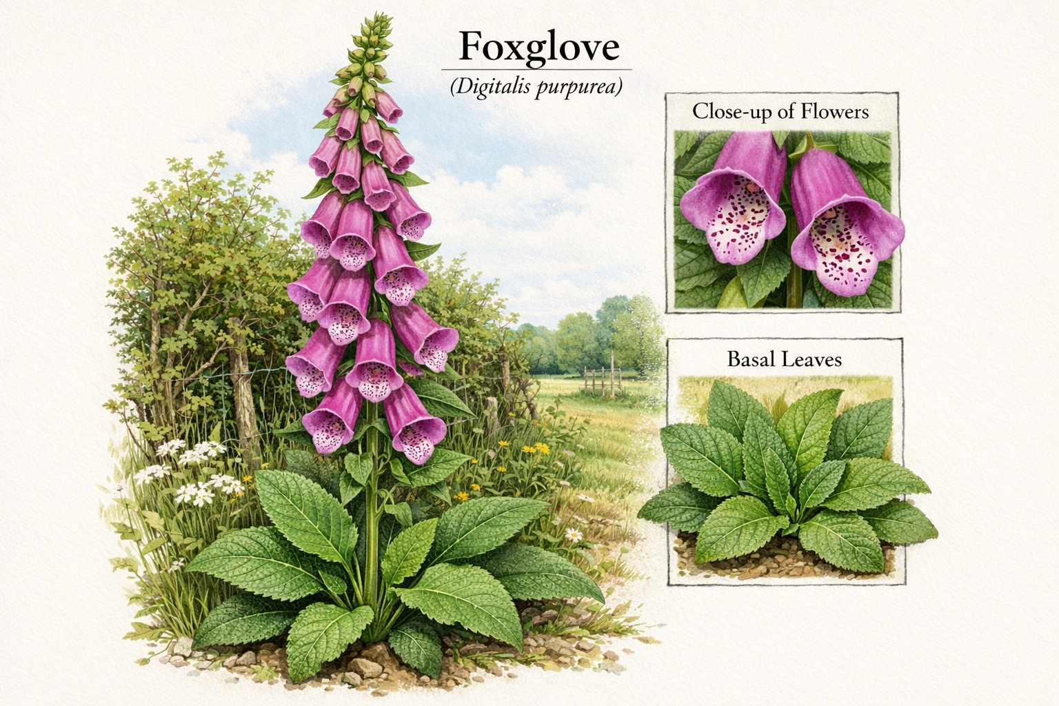 Foxglove (Digitalis purpurea) — tall spikes of purple tubular bell flowers, extremely toxic if ingested.