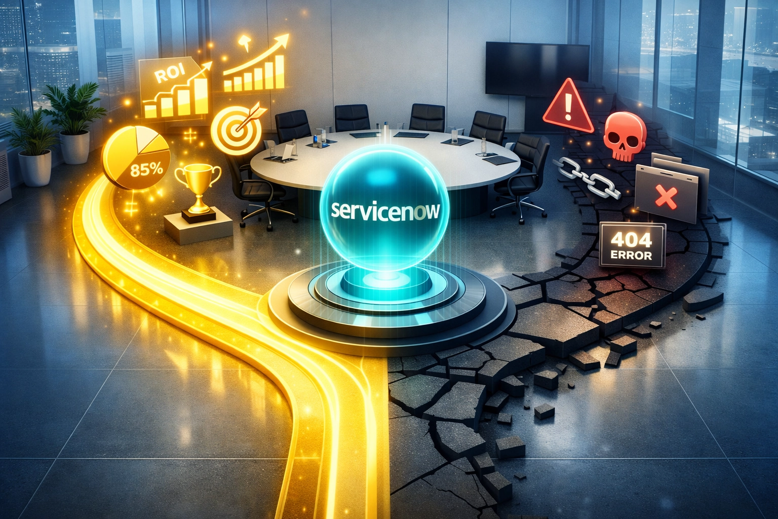 ServiceNow implementation partner ROI comparison showing success path versus failure outcomes