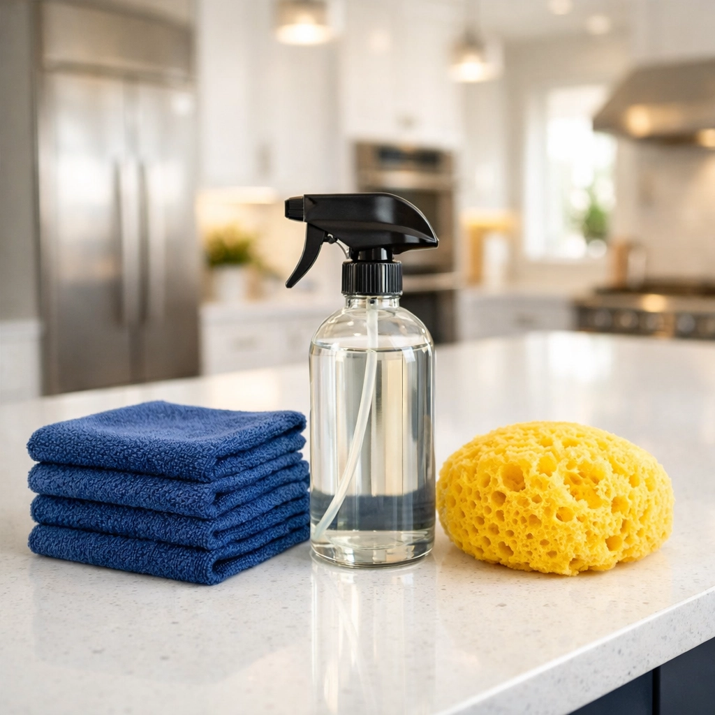 Eco-friendly move-in cleaning kit on a kitchen island for deep cleaning your new Boston home.