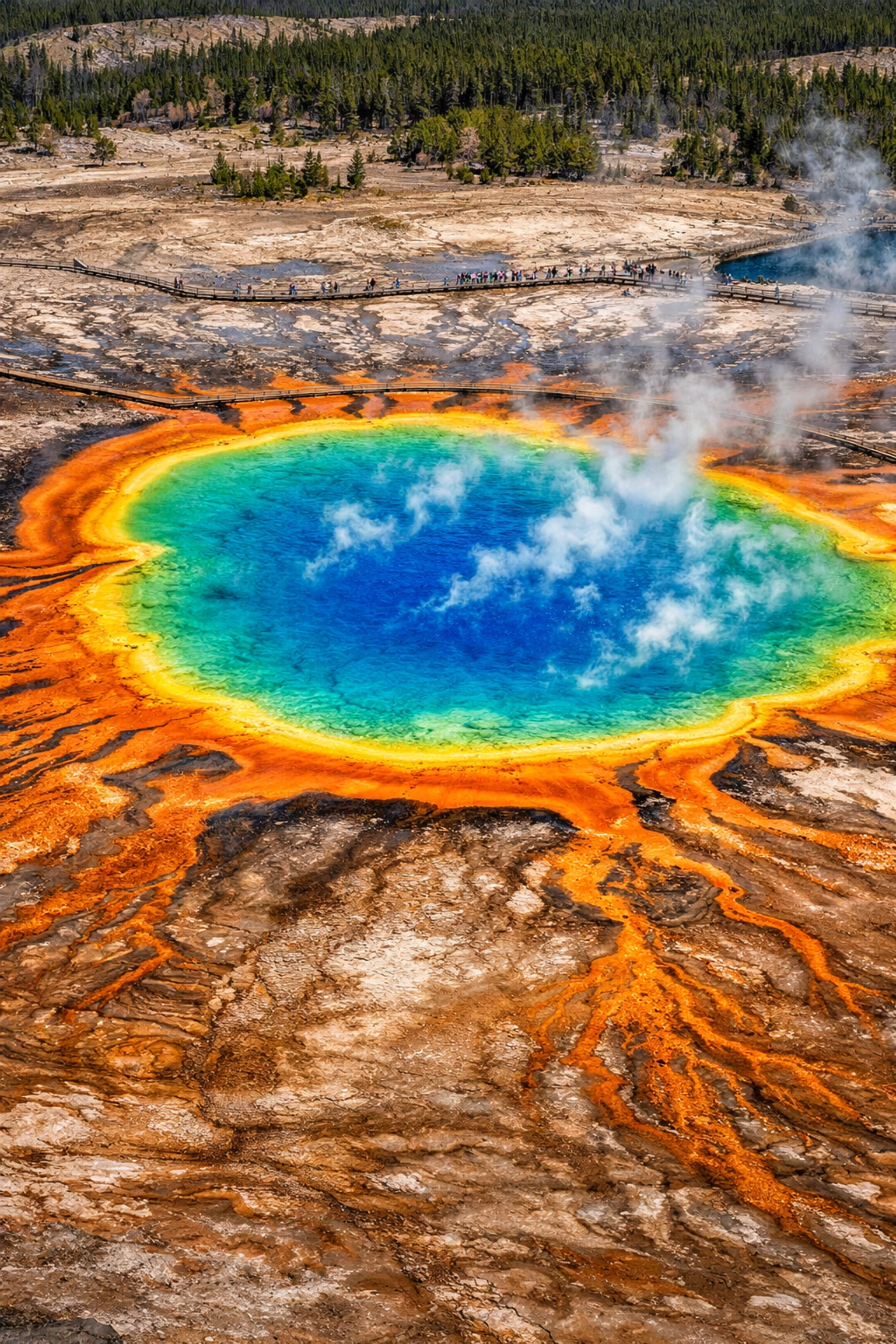 High-angle view of the vibrant Grand Prismatic Spring, one of the best photography locations in Yellowstone.