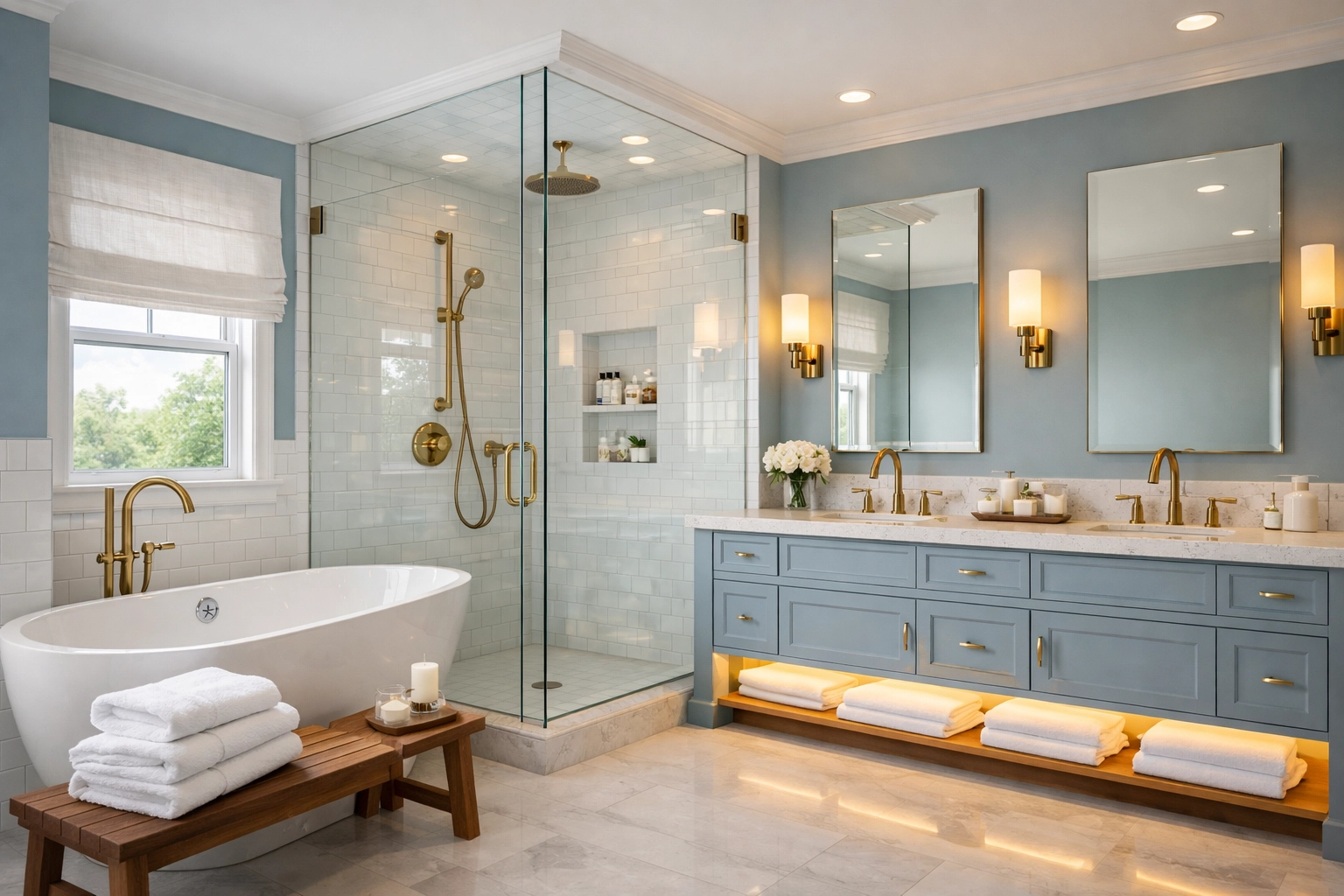 Spotless luxury bathroom in Dover highlights high-end residential cleaning Massachusetts.