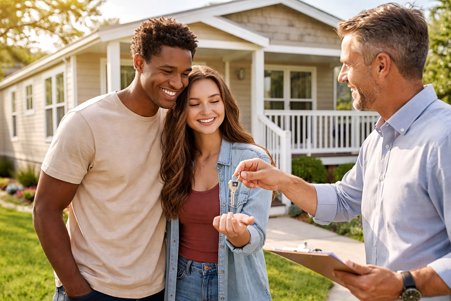 Happy couple receiving keys to their new home at Post Oak manufactured home community