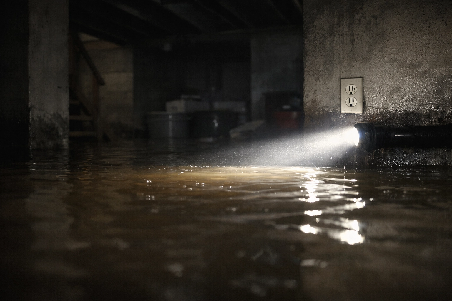 Flooded basement with standing water showing electrical hazards during emergency water damage situation