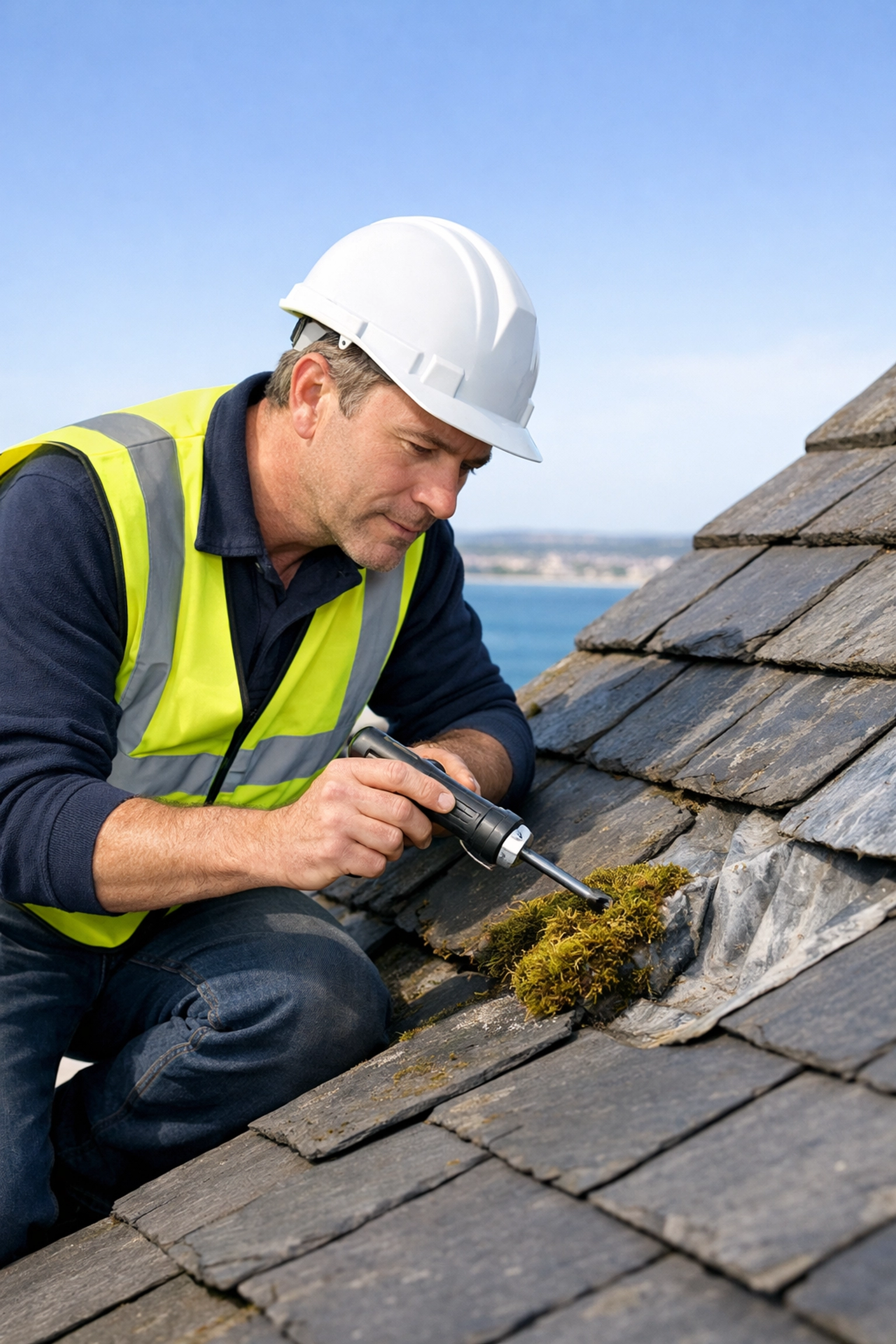 Expert roofing specialist conducting a detailed roof survey in Bangor to identify moss and lead flashing damage.