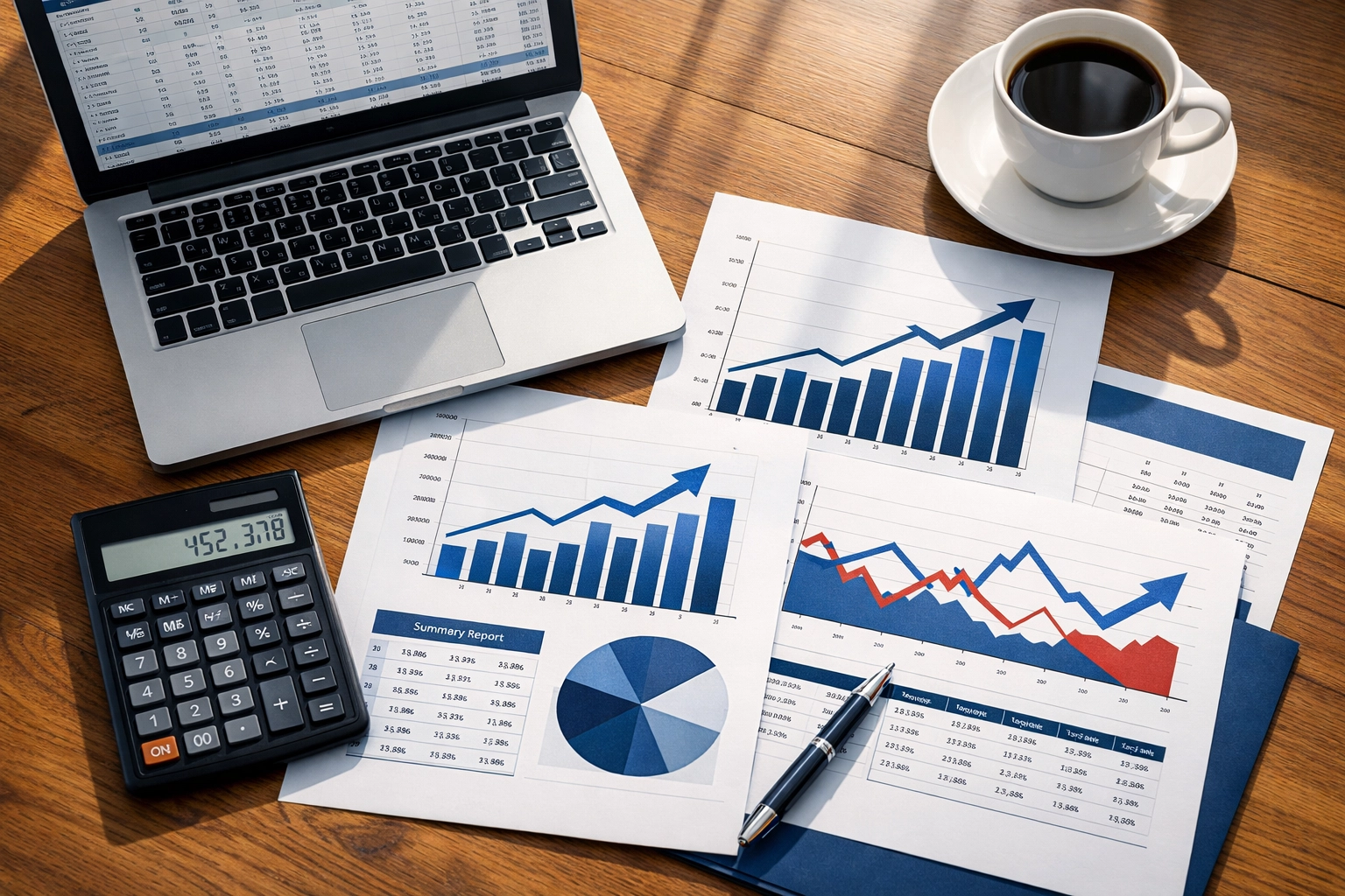 Financial documents and charts spread on desk for commercial due diligence analysis
