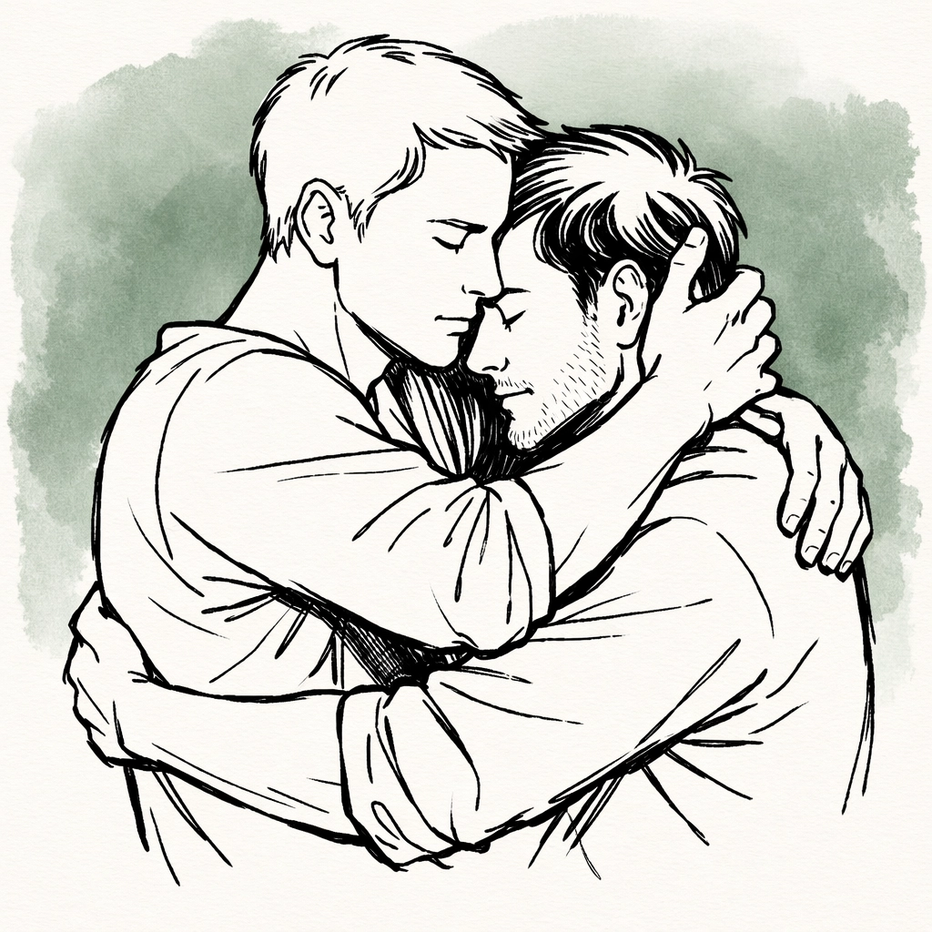 An intimate embrace between two men, highlighting the emotional depth and connection in literary MM romance books.