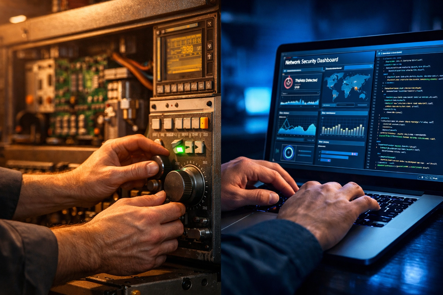Specialist working on CNC control panel and IT network systems simultaneously