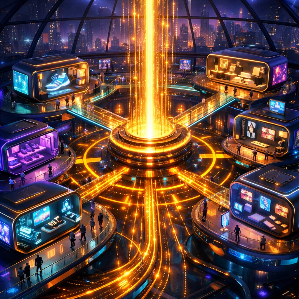 Futuristic digital mall in the B2B2C metaverse with connected shops powered by real-time crypto payments.