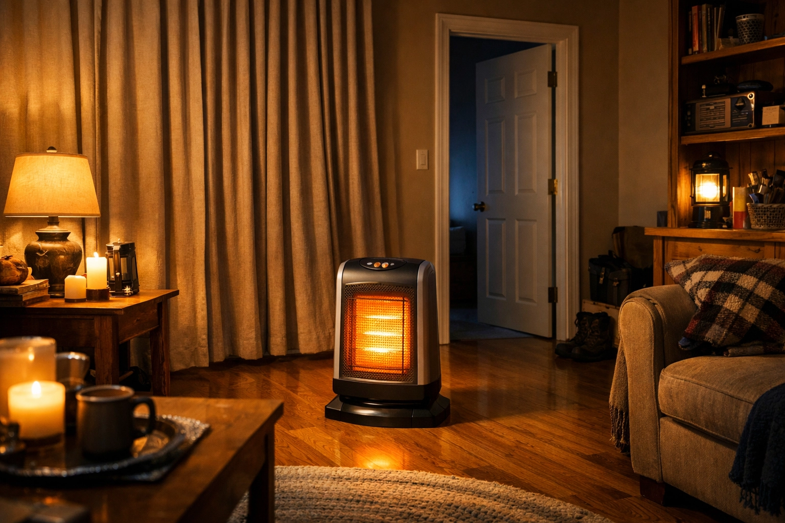 NYC apartment prepared for winter storm with safe space heater placement and closed doors for warmth