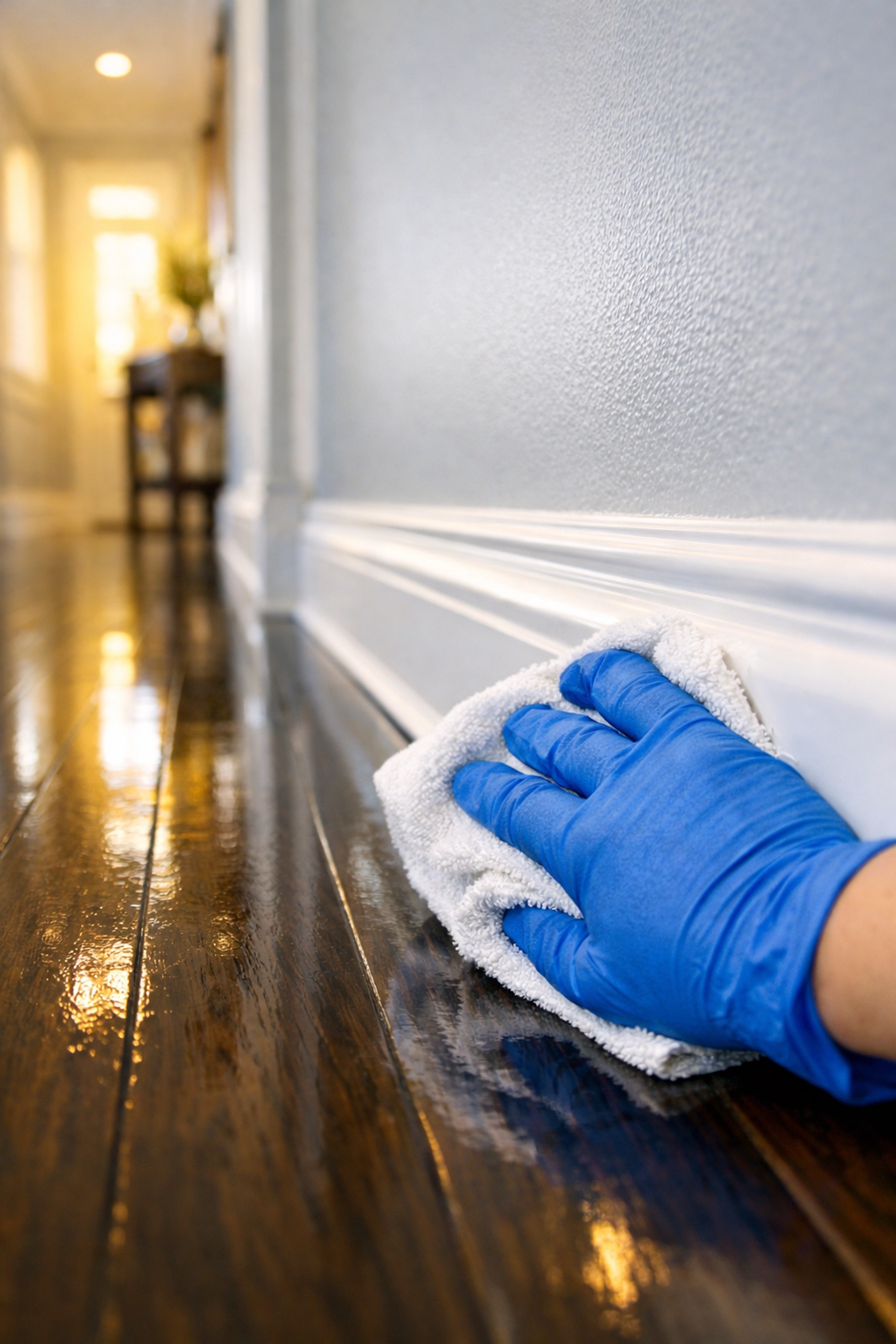 Professional deep cleaning Lincoln services detailing white baseboards and polished hardwood floors in a home hallway.