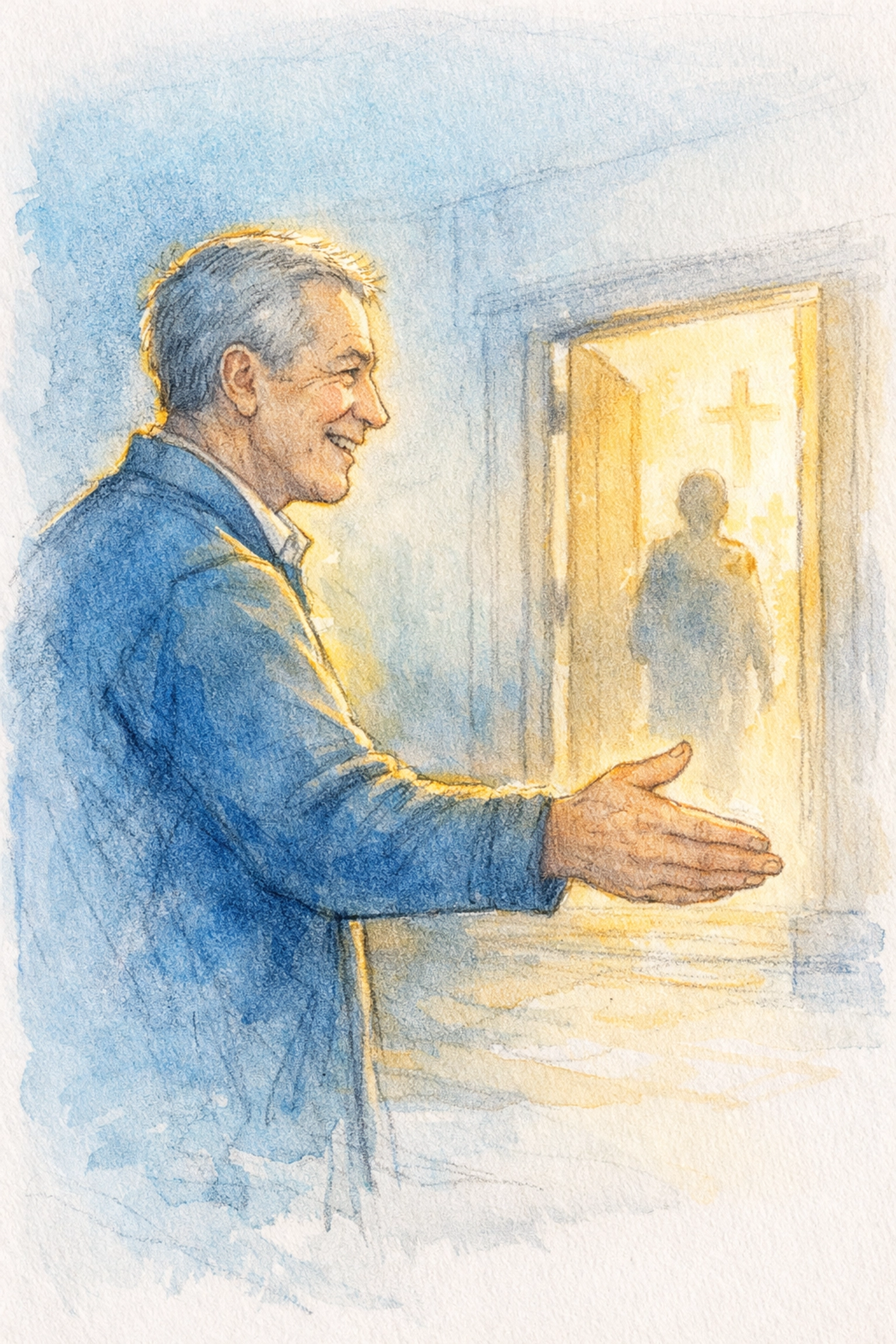 A welcoming church greeter with a warm smile offering a handshake at a bright entryway.