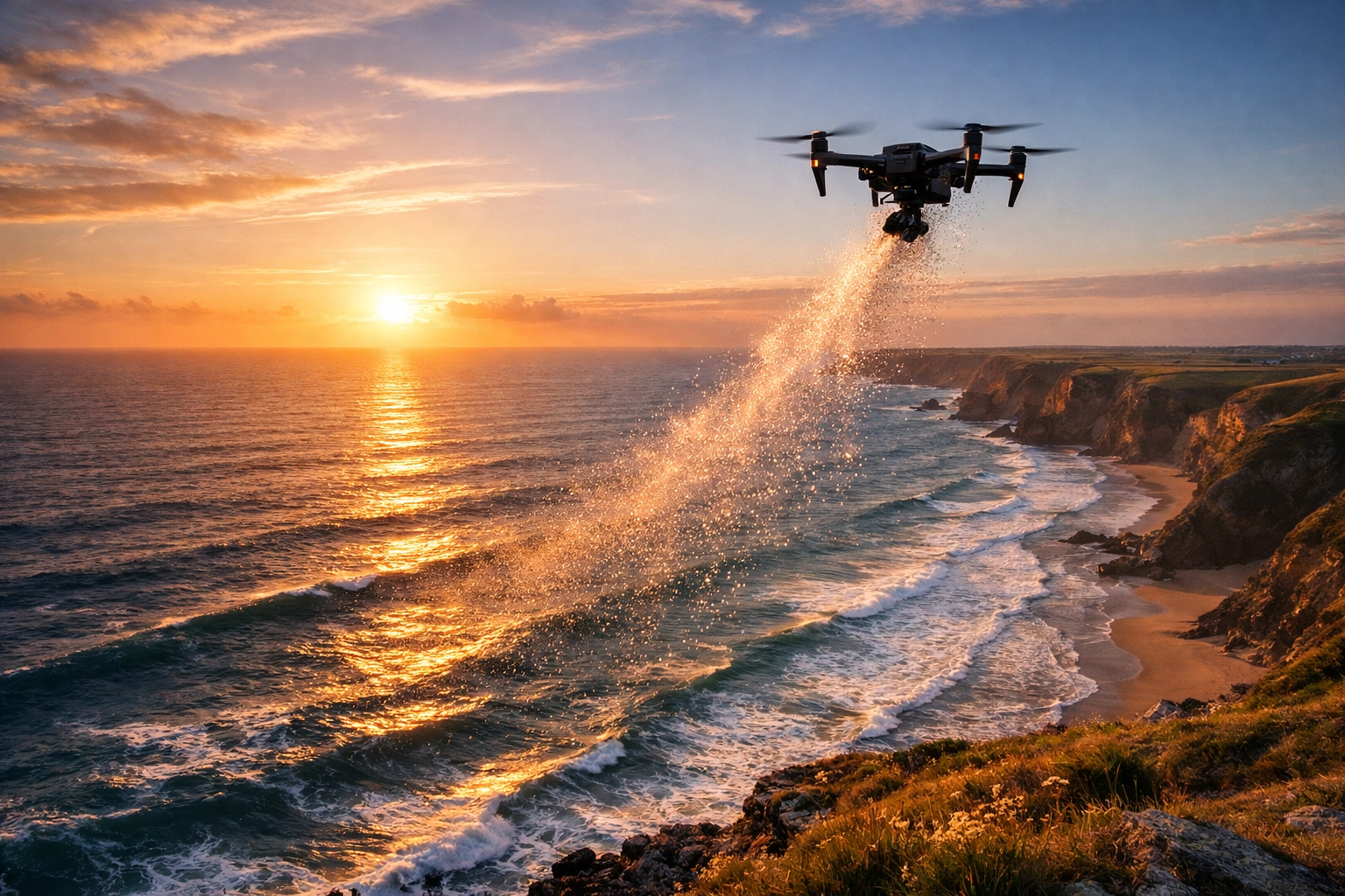 Drone ashes scattering ceremony at Mawgan Porth, Cornwall, with ashes dispersing over the Atlantic Ocean at sunset.